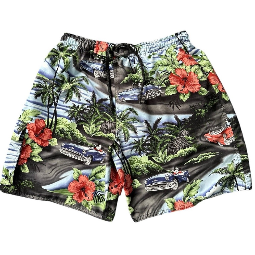 Big Dogs Board Shorts Swim Trunks Boys XL Old Cars Hawaiian Mesh Lined Aloha